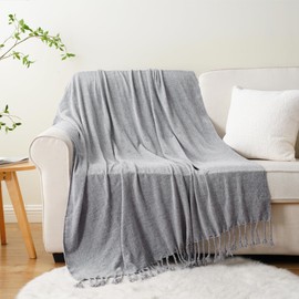 BATTILO HOME Grey Chenille Throw Blanket for Couch, Decorative Fringe Velvety Light Grey Throw Blanket for Sofa Home Decor, 50"x60"