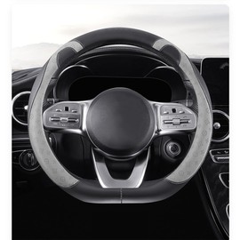 NADINE456 Funda para Volante en Forma de D, Funda para Volante con Parte Inferior Plana, Tejido Transpirable Antideslizante de Cuero de Microfibra Avanzado, Negro y Gris