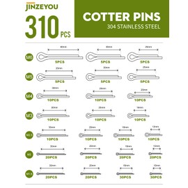 310 Piece Cotter Pin Assortment Kit, Fuse Cotter Pins, Folding Cotter Pins Assortment Stainless Steel Cotter Pin Set, Spring Pin Set, M1.5 M2 M2.5 M3 M4 M5 M6 Spring Cotter Pins Clips for Cars