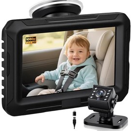 Zacro Cámara Coche Bebé Asiento Trasero HD 1080P - Monitor Espejo para Bebé con Conexión USB/Type-C - Pantalla 4.3'', Visión Nocturna, 360° Ajustable 