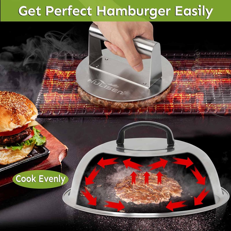 HULISEN Smashed Burger Kit, Burger Press, 12 Inch Basting Cover,