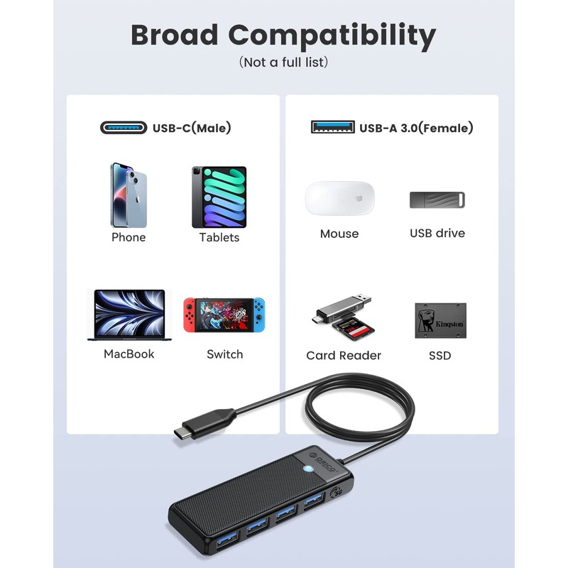 USB Hub, ORICO 4 Ports USB Hub 3.0 USB Adapter,