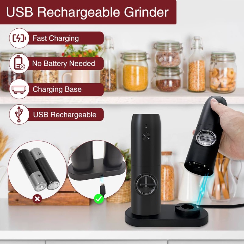 Electric Salt and Pepper Grinder Set - USB Rechargeable,LED Light,Adjustable