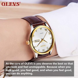 OLEVS Mens Brown Leather Watch for Men Waterproof Inexpensive Analog Quartz White Wrist Watches for Men Classic Calendar 2022 Couple Watches