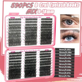 DNSGOOR DIY Lash Extension Kit 590Pcs 9-18mm D Curl Lashes Clusters with Lash Bond and Seal Glue Remover Lash Shampoo Cleansing Brush Headband Wristband Tweezers Eyelash Brush Applicator