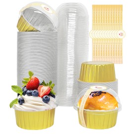 100 Pack 5oz Cupcake Pans with Dome Lids, Disposable Ramekin Cupcake Liners,Reusable Mini Muffin Case Dessert Containers for Birthday Wedding Party (Gold)