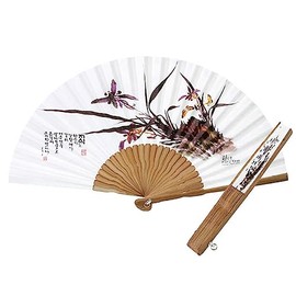 ECSD Korean Traditional Bamboo Hanji Hand Fan + Paper Case Orchid Folding Large Hand Fan Collapsible