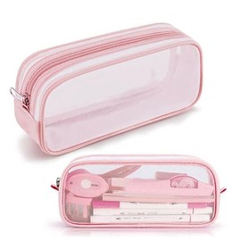 Grid Mesh Pen Pencil Case with Zipper, 2 Compartment Clear Pencil Case Pouch, Multi-Purpose Transparent Stationery Bag for Office, Clear Makeup Cosmetics Bag for Adults (Pink, One Size)