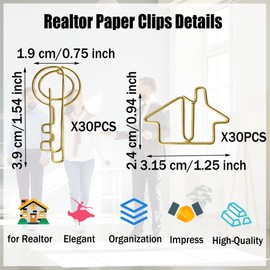 Real Estate Agent Paperclips Supplies - 60pcs Realtor Paper Clips House Key Shaped Clips Gifts for Office Home Classroom