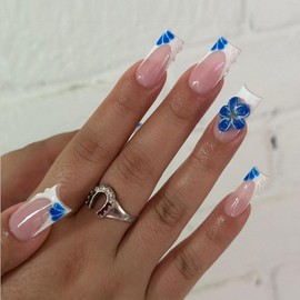 Long Square Press on Nails White French Tip Fake Nails Glossy Spring Flower Stick on Nails with designs 3d Blue Floral Glue on Nails Reusable Acrylic Nails False Nails for Women Summer 24pcs