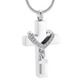 Minicremation Cremation Jewelry for Ashes Cross Urn Necklace for Women Men Double Cross Religious Memorial Urn Locket for Loved One Ashes Funeral Keepsake Pendant (Silver)