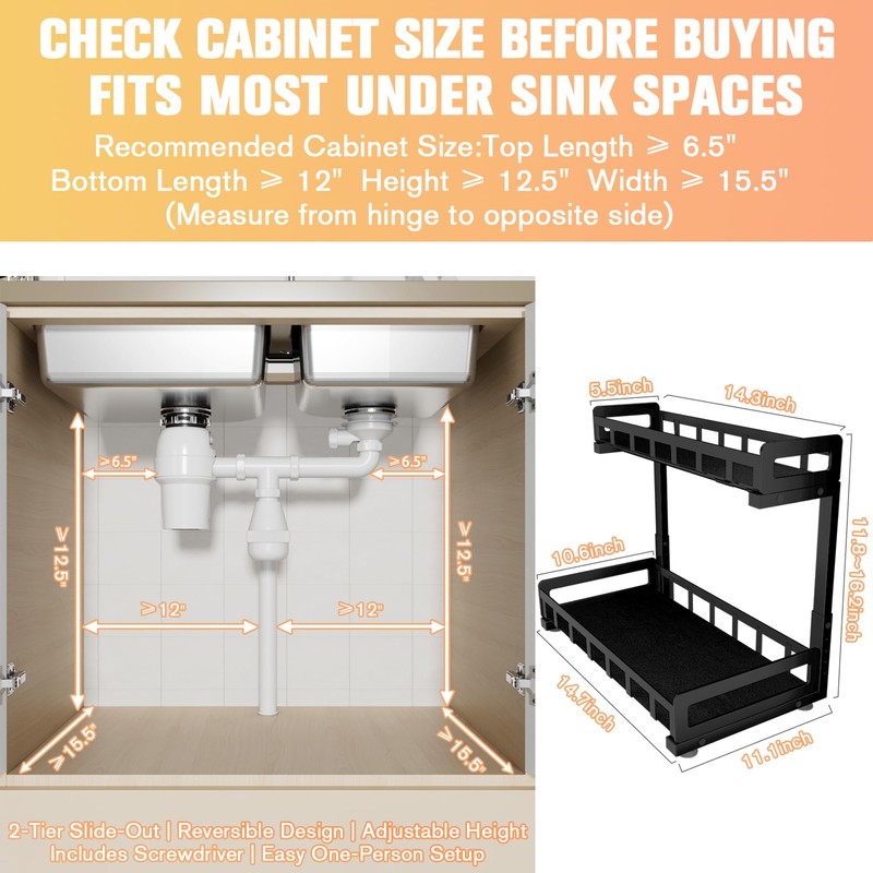 Under Sink Organizer 2 Pack, Metal Large Capacity 2-Tier Sliding