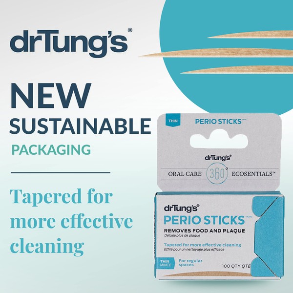 DrTung's Double-Sided Perio Sticks Thin, Remove Plaque, Interdental, Fit Between Teeth, Nordic Birch 100 Count, 6 Pack