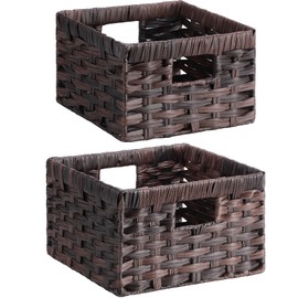 Lifewit Handwoven PP Wicker Storage Basket, Waterproof Imitation Rattan Basket with Built-in Handles, Rectangle Baskets for Organizing Shelves, Pantry, Black Walnut, 2-Pack (Large+Medium)