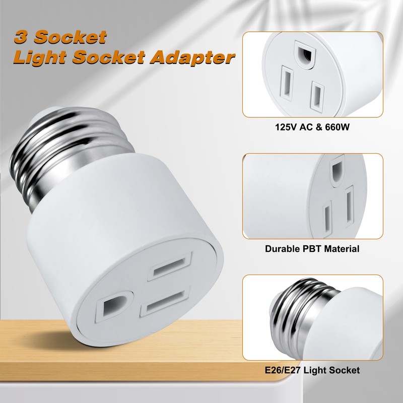 3 Prong Light Socket to Outlet Adapter, E26/E27 Screw in