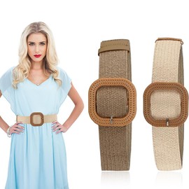 YqsIbth Straw Woven Elastic Stretch Waist Belt, 2PCS Braided Waist Belts for Women, 100x4.5cm Wide Braided Rattan Waist Belts with Wooden Buckle, Straw Woven Elastic Belt for Ladies Women Dresses