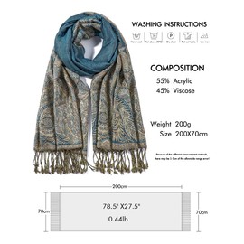 Pashmina Scarf Women Luxury Reversible Shawl Paisley Wrap Blanket Scarves with Fringes 78.5'' X27.5'', #12 Turquoise, Large