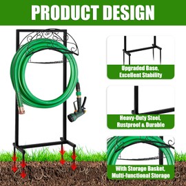 YDY+YQY Heavy Duty Freestanding Garden Hose Reel with Storage Basket - Outdoor Hose Holder, Water Hose Storage Rack & Hanger for Yard, Lawn, Farm - Easy Roll for Outside