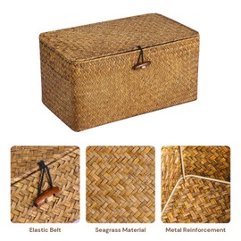 FOSSORH Natural Seagrass Storage Baskets with Lid,Multipurpose Home Organizer Bins Boxes for Shelf Organizer,Decorative Storage Bins