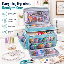 AMOIGEE Sewing Organizer Bag with 2 Clear Storage Boxes, Double Layer Sewing Supplies Organizer, Large Sewing Storage Bag with Removable Dividers for Thread, Fabric, Embroidery & Craft Supplies