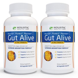 Gut Alive For Restoring Gut Lining - All Natural Support to Fight Leaky Gut, IBS, Heartburn, Acid Indigestion, Acid Reflux, Bloating & Gas. Unique Formulation (60 Count (Pack of 2))