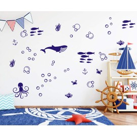 Undersea Wall Decals Set, Vinyl Wall Decals, Bubble Decals, Modern Kids Room Decor, Nautical Wall Decal, Fish Wall Decals for Bathroom(A36) … (Blue)