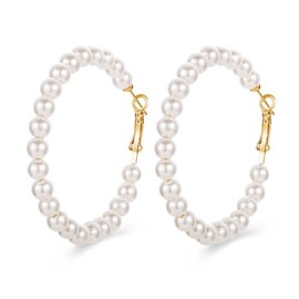 MALOYANVE Pearl Hoops Earrings for Women Dainty Artificial Multi Open Large Round Lightweight Statement Stud Earrings Bridal Wedding Jewelry Birthday Gift (Thin Hoop)