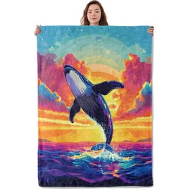 UNDAHIS Colorful Whale Blanket, Soft Warm Cozy Sunset Breaching Whale Throw Blanket Gifts for Adults Kids Women, Lightweight Fuzzy Comfy Flannel Blankets for Couch, Travel, Bed, House Decor 60×50 Inch