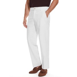 Tapata Men's Linen Casual Dress Pants Lightweight Elastic Waist Slacks Straight Leg Regular Fit Trousers for Work Business, White, 36W x 30L