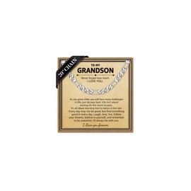 IEFLIFE Grandson Gifts - Grandson Necklace Gifts from Grandma, Fathers Day Graduation Birthday Gift for Him Men, 6mm Width Silver Figaro Chain Necklace for Him Men Jewelry