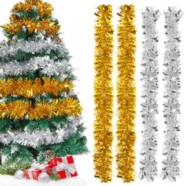 Tinsel Garland Christmas, 4 Pieces x 2 m Christmas Tree Tinsel Garland, Christmas Decoration, Artificial Christmas Garland for Mantle, Stairs, Fireplace, Christmas Decoration, 2 Silver, 2 Gold