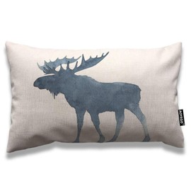 AOYEGO Moose Throw Pillow Cover 12x20 Inch Cute Christmas Animal Moose with Big Horns Winter Snow Rectangle Pillow Cases Home Decorative Cotton Linen Cushion Cover for Bed Sofa Blue White
