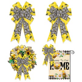 ALIBBON 2 Pcs Spring Bee Bows for Wreaths, Spring Wreath Bows, Honeybee Daisy Flower Bows for Crafts, Spring Decor, Black White Buffalo Plaid Burlap Bows for Wreath Indoor Outdoor Window Decorations