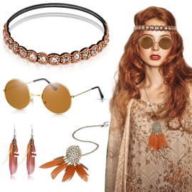 Herdear 4 Piece Hippie Costume Set Women's 70s 60s Hippie Accessories Included Round Hippie Sunglasses Boho Crystal Headband Long Feather Necklace Earring for Women Girls Cosplay (Retro)