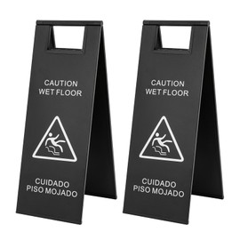 MOCHAG 2 Pcs Stainless Steel Caution Wet Floor Sign, 23.6in Caution Bilingual Safety Warning Signs, Portable Foldable Double Sided Slippery When Wet Sign for Restaurant Supermarket Restroom Office (Black)