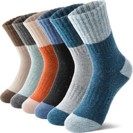 MOSEY KOSY 6 Pairs Kids Merino Wool Walking Hiking Socks Boys Girls Toddlers Winter Thermal Thick Warm Cushion Crew Boot Socks(ColorBlocked,8-12 Years)