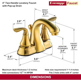Brushed Gold Bathroom Faucet 4 Inch Two Handle Bathroom Sink Fucet with Drain Assembly, Lavatory Faucet for 3 Hole Installation, FL-0288-CS
