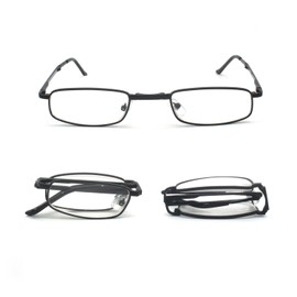 EYE ZOOM 2 Pairs Compact Rectangular Metal Folding Reading Glasses with Hard Case Comfort Fit for Men and Women, Black Frame, Gray Case, +1.00 Strength