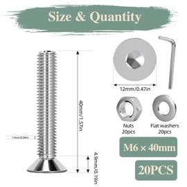 GOHODOMINO M6×40mm Flat Head Socket Cap Screws, Nuts, Flat Washers, 20Pcs, 304 Stainless Steel 18-8, Allen Socket Drive, with Hex Spanner