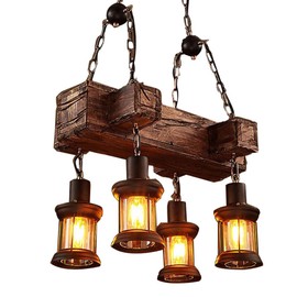 Farmhouse Lighting Industrial Rustic Wood Linear Island Pendant Light Chandelier Lighting Hanging Ceiling Fixture 4-Lights for Coffee Shop Restaurant