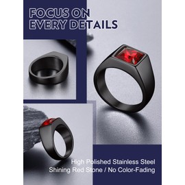 Bandmax Stainless Steel Black Red Stone Ring for Women Men Ruby Stone Ring Size 7 Gemstone Ring January July Birthstone Ring for Birthday Anniversary