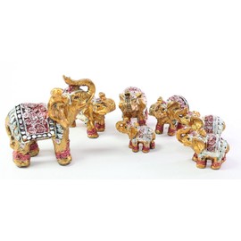 Feng Shui Set of 7 ~ Vintage Small Gold Indian Elephant Family Statues Wealth Lucky Figurines Home Decor Housewarming Congratulatory Gift