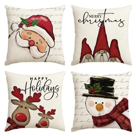 Artoid Mode Santa Claus Snowman Gnome Deers Christmas Cushion Covers Set of 4, 40x40 cm Merry Xmas Decorative Pillow Case Cover Sofa Living Room Decor