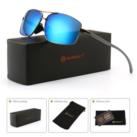 SUNGAIT Ultra Lightweight Rectangular Polarized Sunglasses UV400 Protection (Gunmetal Frame Blue Mirror Lens, 62) Metal Frame 2458 QKLA