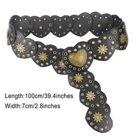 AWOCAN Western Belts for Women Wide Disc Belts Hollow Heart Leather Belt Cowboy Metal Buckle Vintage Soft Belt for Jeans Dresses (black)