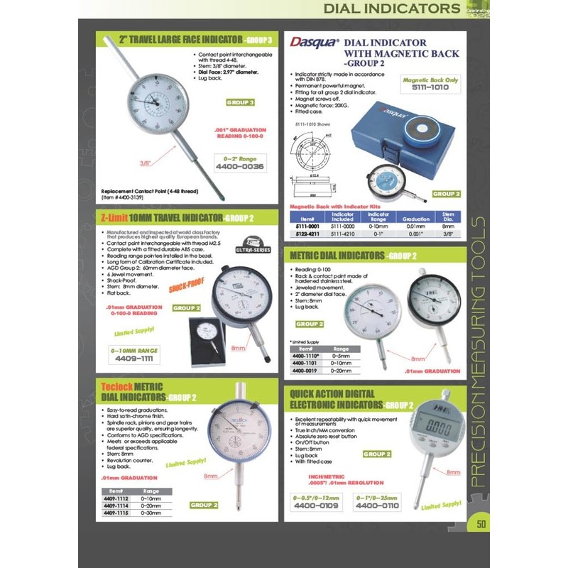 HHIP 4400-1100 Pro Series AGD Group 2" Dial Indicator, 0005"