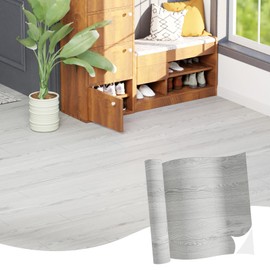 Oxdigi Vinyl Flooring Roll Peel and Stick 24"x 196"/32 Sq.Ft, Self Adhesive Wood Planks Floor Sticker, Wear-Resistant Waterproof and Easy DIY Floor Covering for Kitchen, Bathroom, White Grey Wood