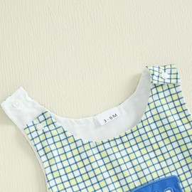 Summer Outfit Newborn Baby Boy Sleeveless Tractor Embroidery Plaid Tank Romper Jumpsuit Overalls One Piece Clothes (Yellow, 3-6 Months)