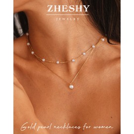 ZHESHY Gold Pearl Necklace Women's 14 Carat Gold-Plated Silver Necklace White Pearl Delicate Flower Beads Choker Layering Gold Chain Silver Chain with Pendant Hypoallergenic Wedding Gifts Bridal Women