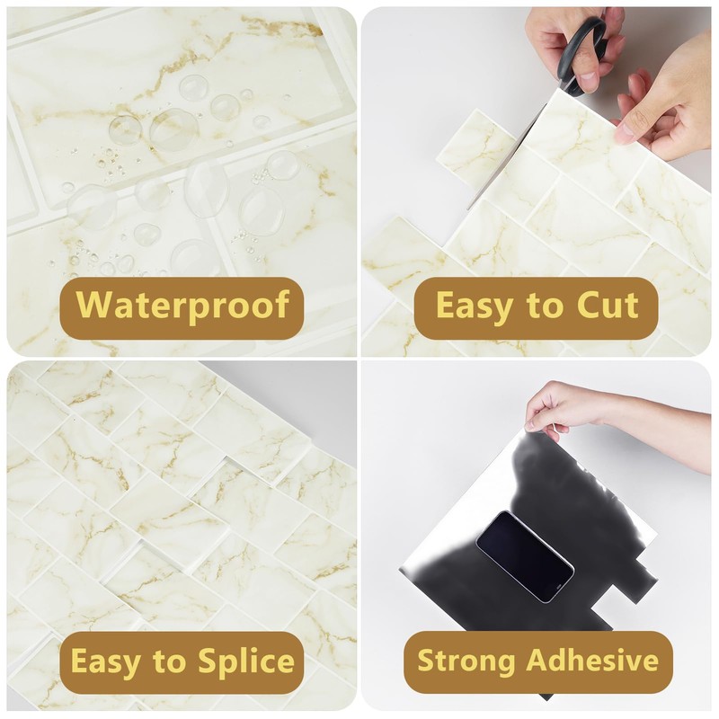 Wallercity Glossy Marble Beige/Yellow Peel and Stick Backsplash for Kitchen